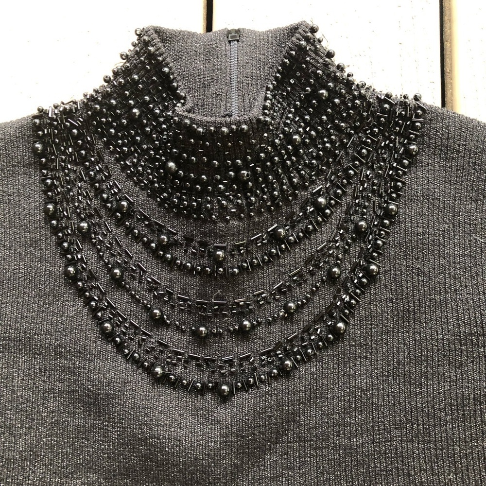 Grace Elements sleeveless beaded mock neck silk blend black knit top Size L